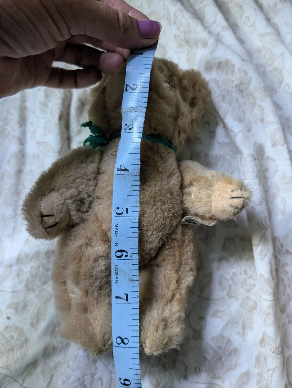 Vintage True Wool Plush Teddy Bear with Green Ribbon